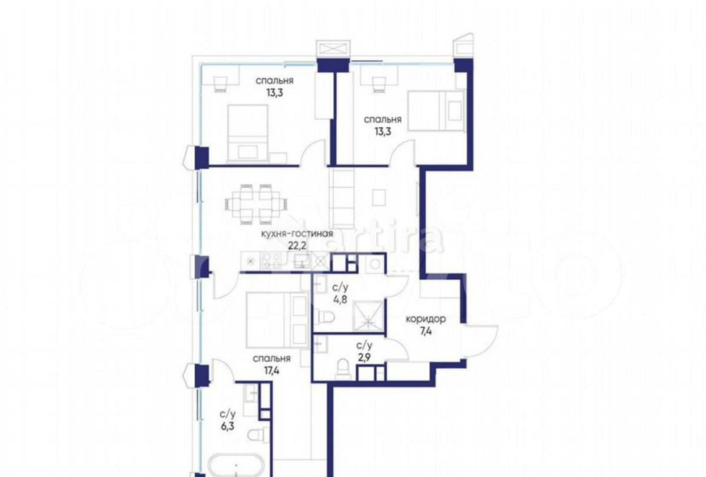 3-комн. квартира, 87.6 м2, 3/24 эт. Москва - изображение 7