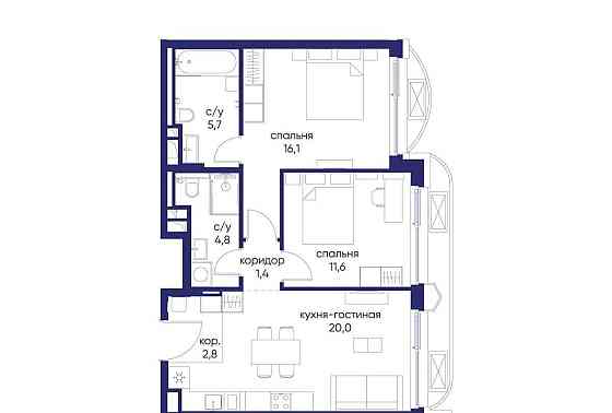 2-комн. квартира, 62.42 м2, 2/12 эт. Москва