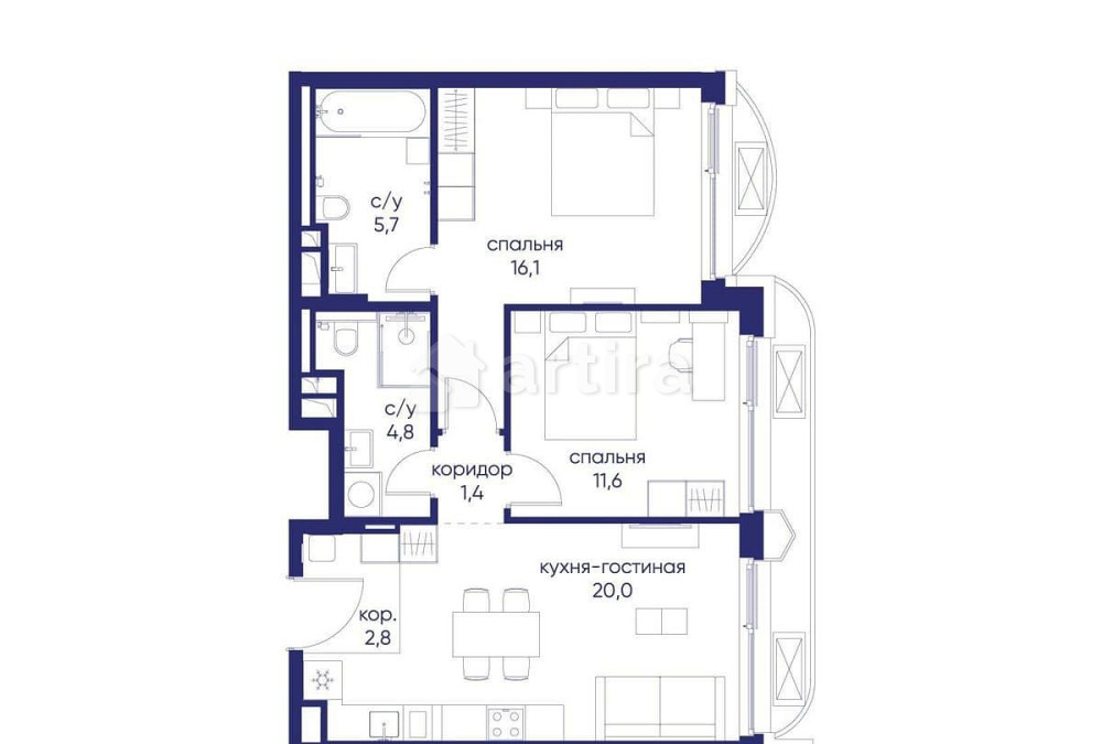 2-комн. квартира, 62.42 м2, 2/12 эт. Москва - изображение 1