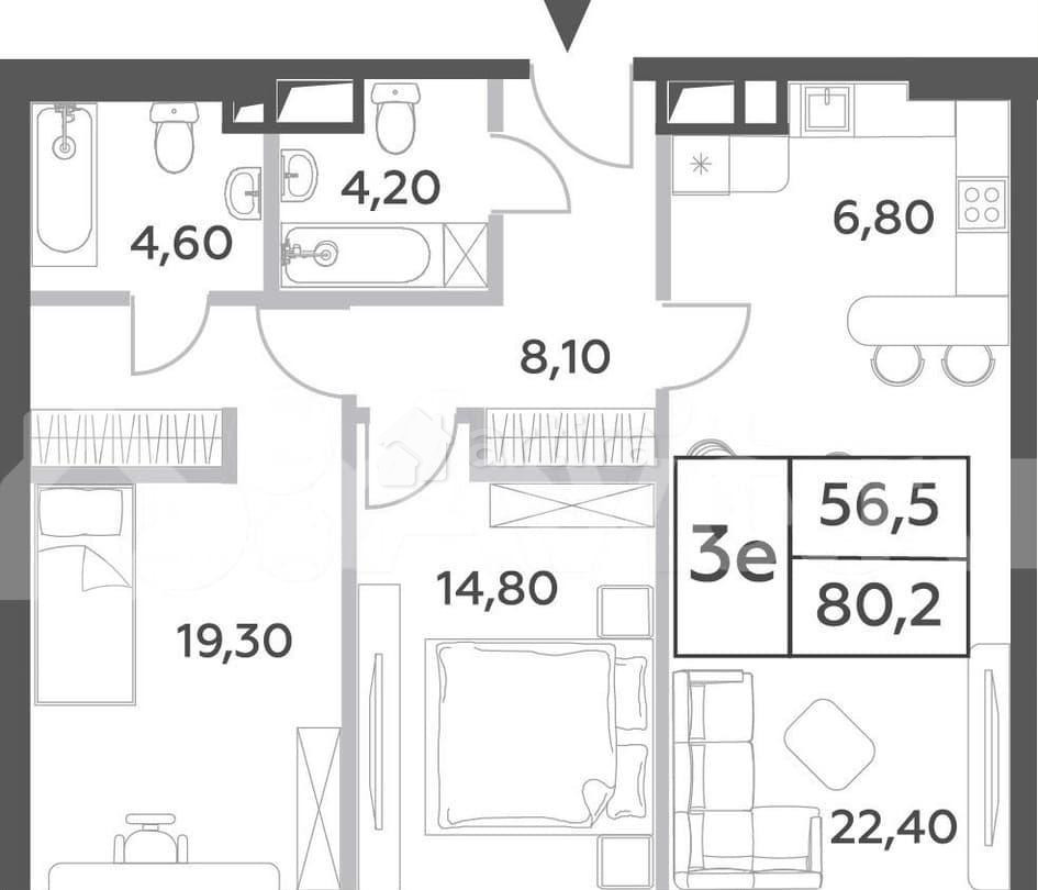 3-комн. пентхаус, 80.2 м2, 26/52 эт. Москва - изображение 1