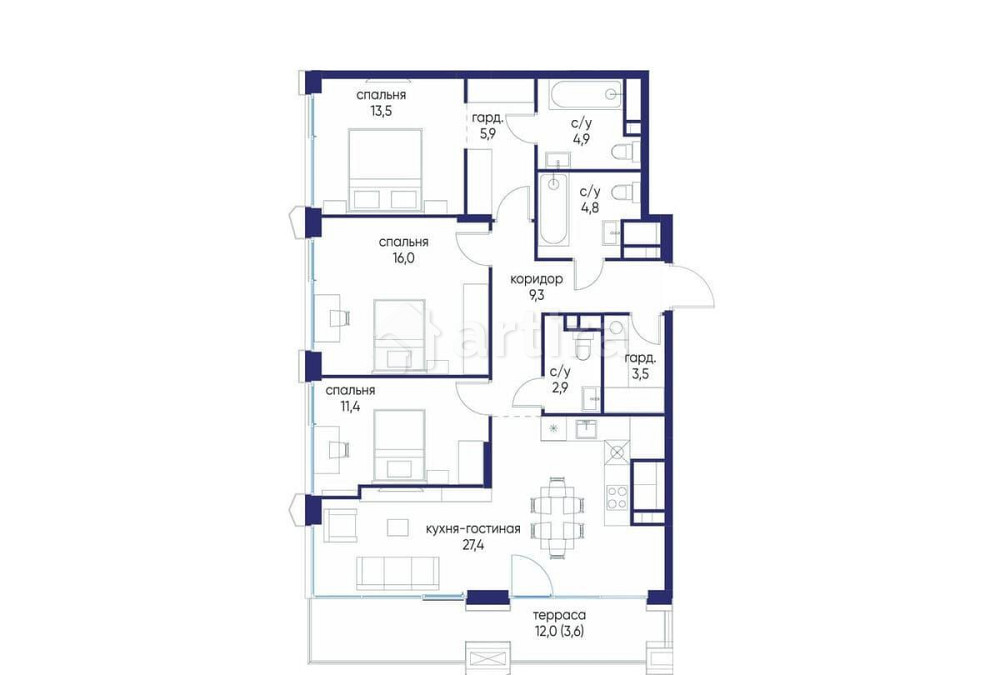 3-комн. квартира, 103.22 м2, 20/24 эт. Москва - изображение 1