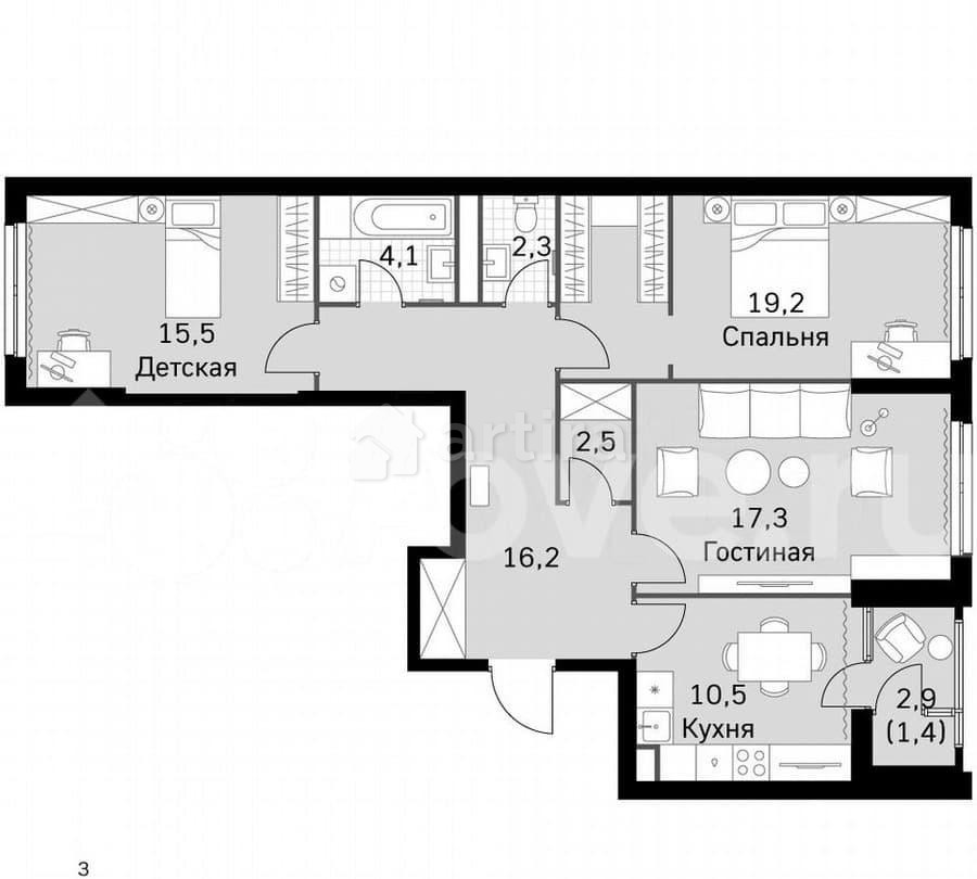 3-комн. квартира, 87.9 м2, 29/43 эт. Москва - изображение 3
