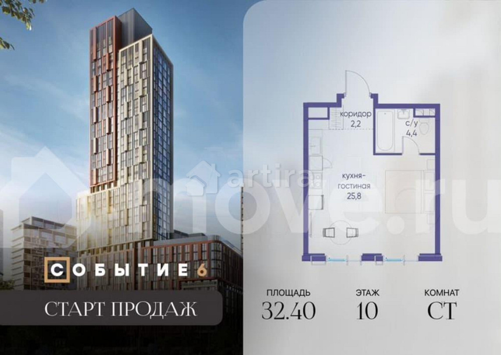 Студия, 32.4 м2, 10/10 эт. Москва - изображение 2