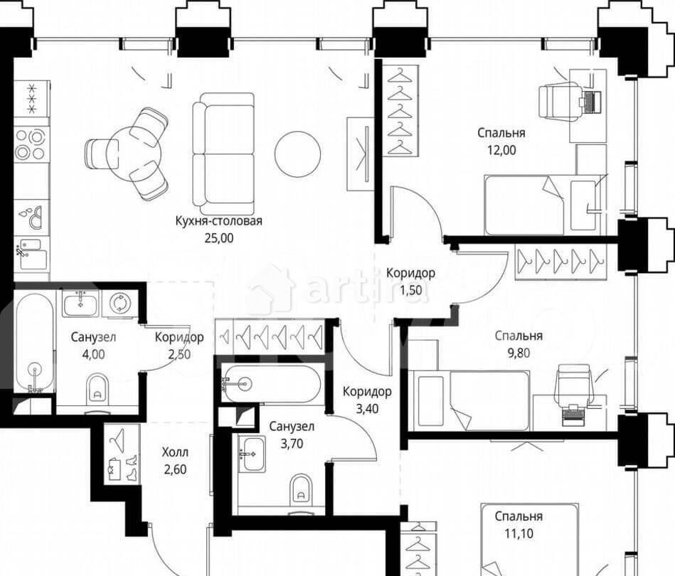 3-комн. квартира, 75.6 м2, 34/45 эт. Москва - изображение 4