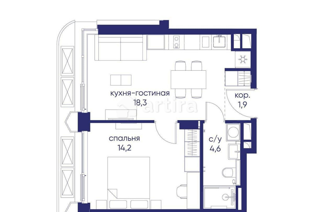 1-комн. квартира, 39.02 м2, 2/19 эт. Москва - изображение 2