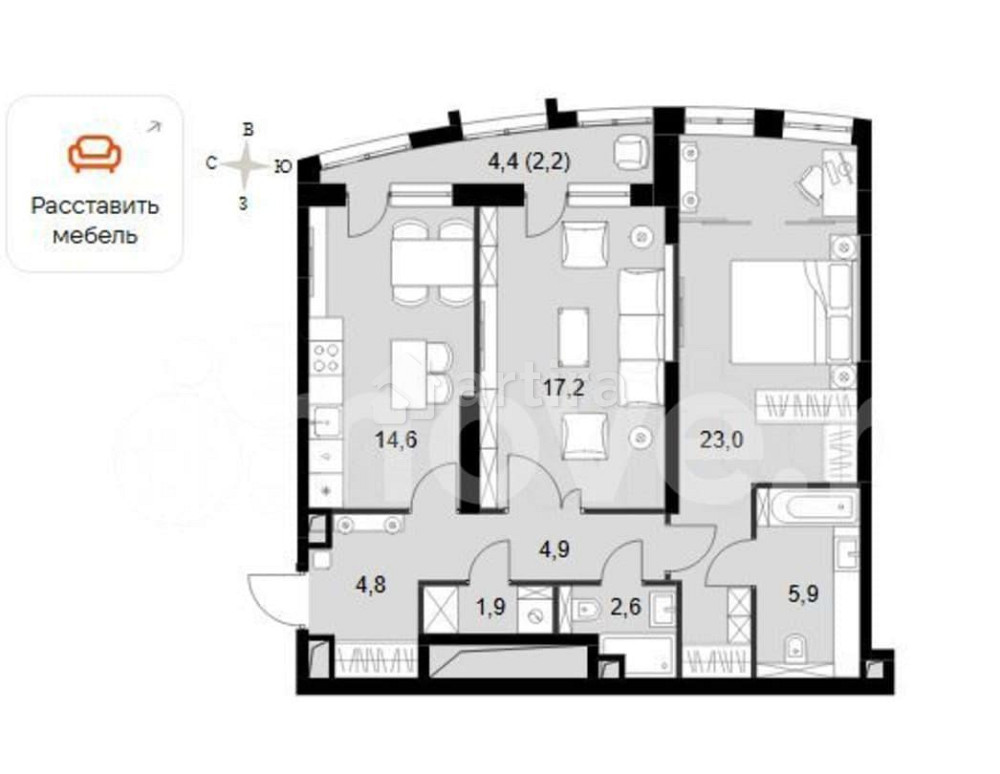 2-комн. квартира, 77.2 м2, 15/44 эт. Москва - изображение 2