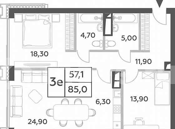 3-комн. пентхаус, 85 м2, 14/52 эт. Москва