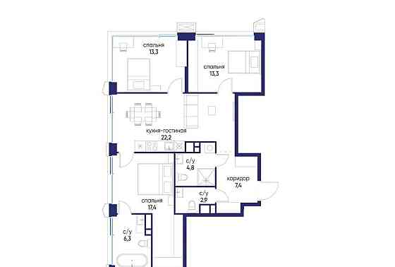3-комн. квартира, 87.62 м2, 3/24 эт. Москва