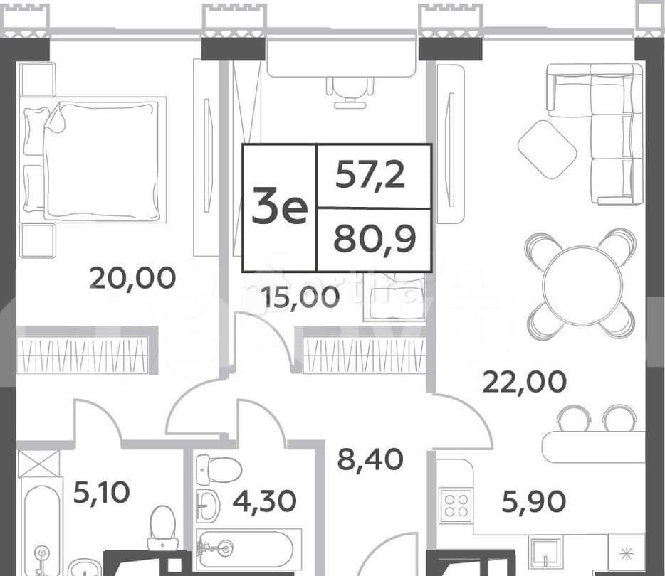 3-комн. пентхаус, 80.9 м2, 28/52 эт. Москва - изображение 1