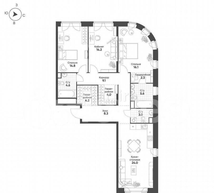 3-комн. квартира, 110.2 м2, 9/16 эт. Москва - изображение 7