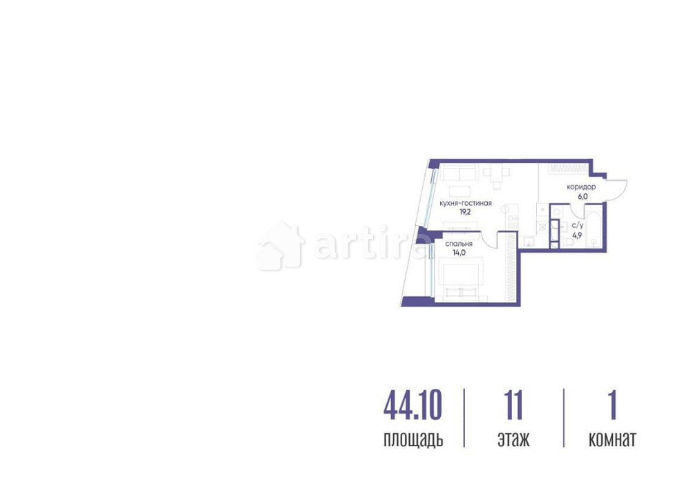 1-комн. квартира, 44.12 м2, 11/14 эт. Москва - изображение 1