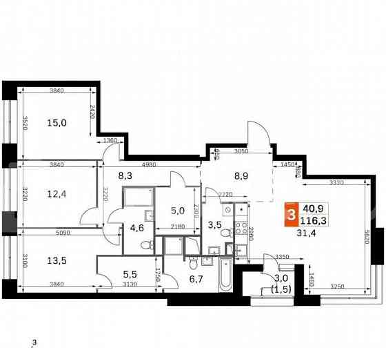3-комн. квартира, 116.3 м2, 4/42 эт. Москва