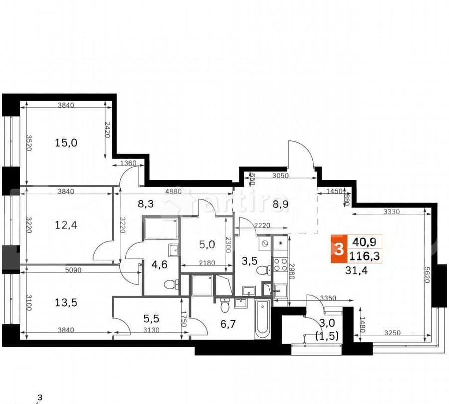 3-комн. квартира, 116.3 м2, 4/42 эт. Москва - изображение 2