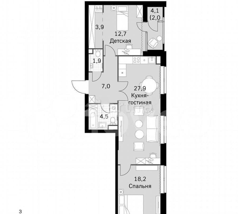 3-комн. квартира, 76.9 м2, 19/43 эт. Москва - изображение 4