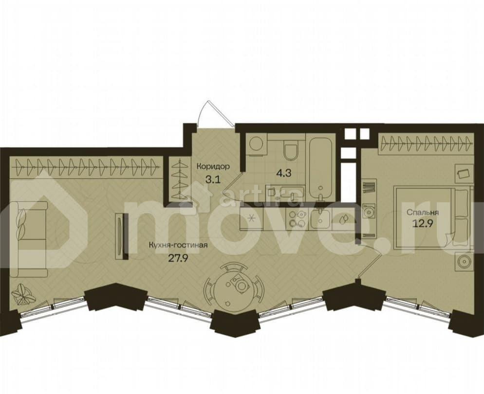 1-комн. квартира, 47.6 м2, 6/13 эт. Москва - изображение 1