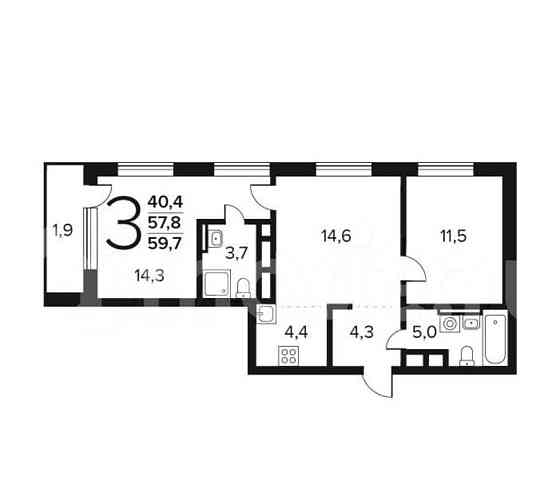 3-комн. квартира, 59.7 м2, 6/11 эт. Москва