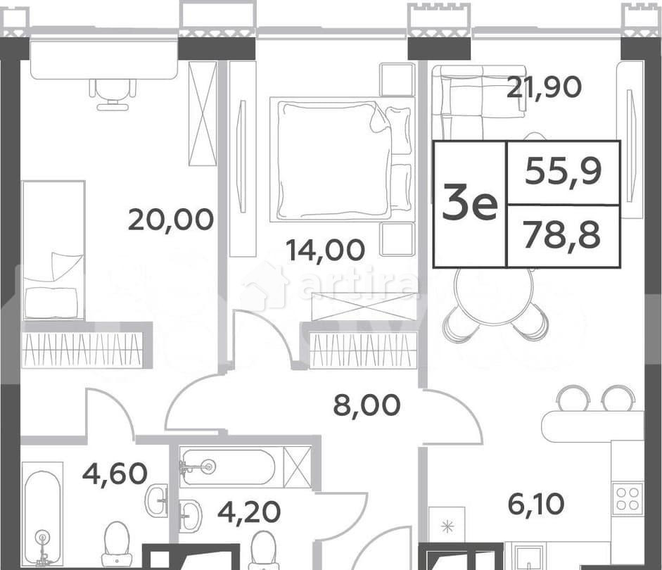 3-комн. пентхаус, 78.8 м2, 18/52 эт. Москва - изображение 1