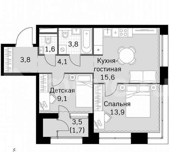 2-комн. квартира, 53.6 м2, 2/42 эт. Москва
