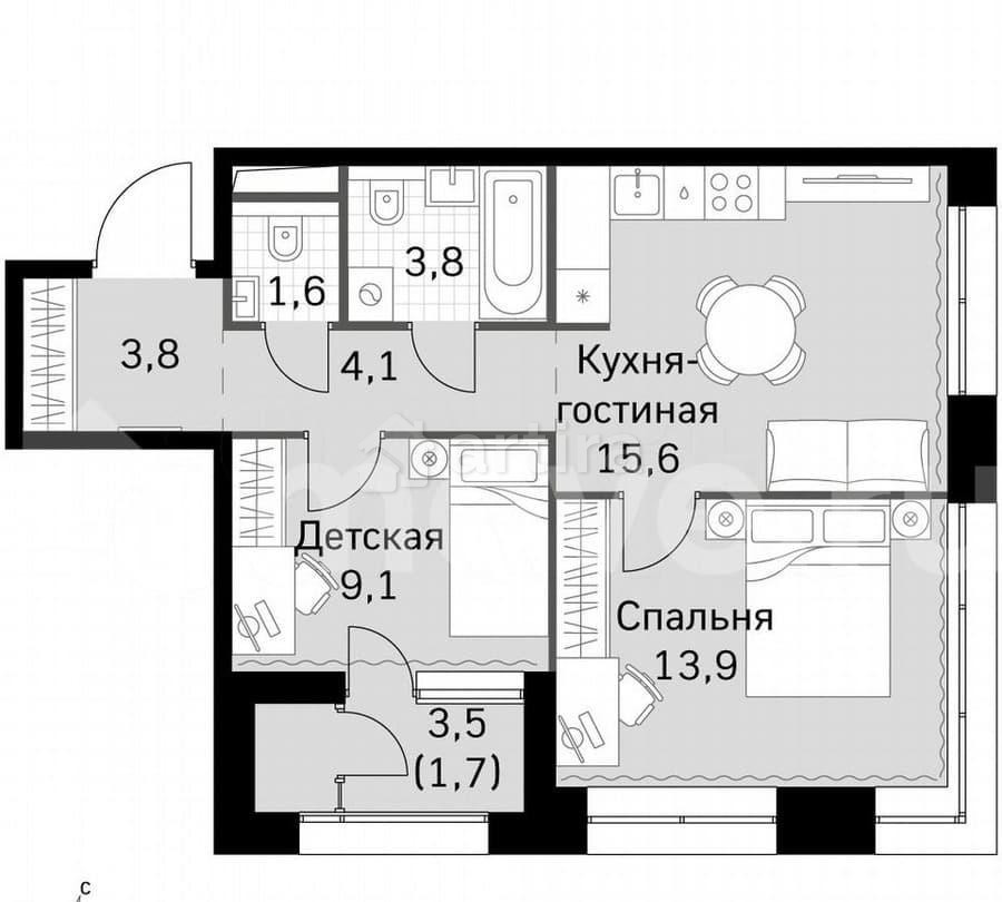 2-комн. квартира, 53.6 м2, 2/42 эт. Москва - изображение 3
