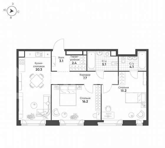2-комн. квартира, 77.1 м2, 15/16 эт. Москва