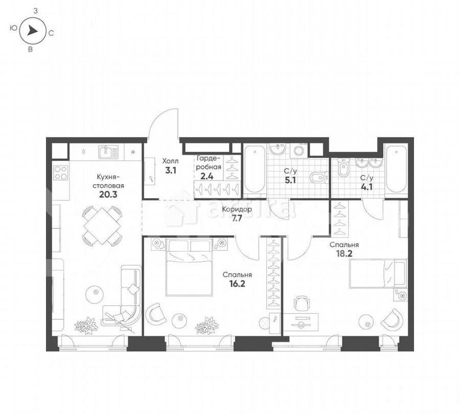 2-комн. квартира, 77.1 м2, 15/16 эт. Москва - изображение 3