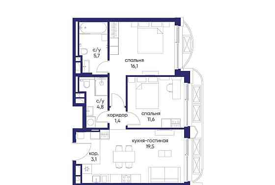 2-комн. квартира, 62.22 м2, 3/12 эт. Москва