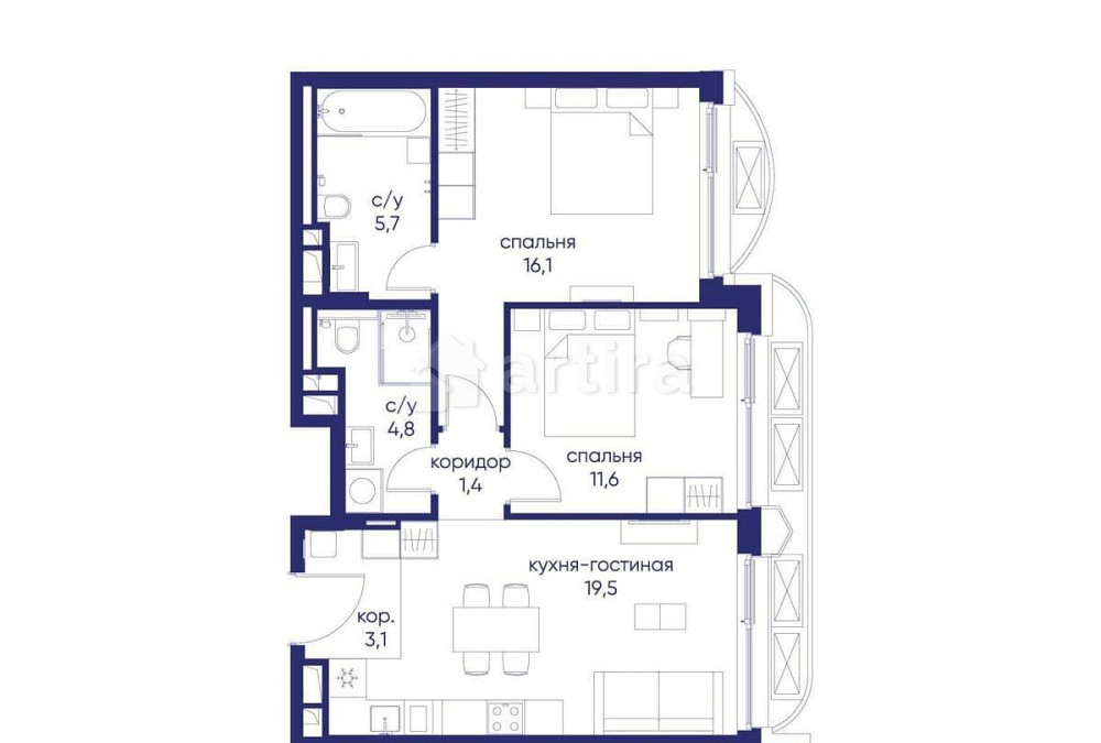 2-комн. квартира, 62.22 м2, 3/12 эт. Москва - изображение 2