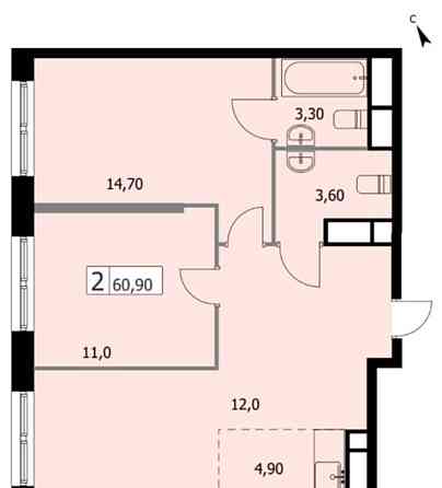 2-комн. квартира, 60.9 м2, 14/19 эт. Москва