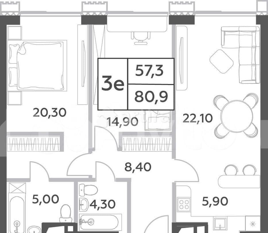 3-комн. пентхаус, 80.9 м2, 36/52 эт. Москва - изображение 1