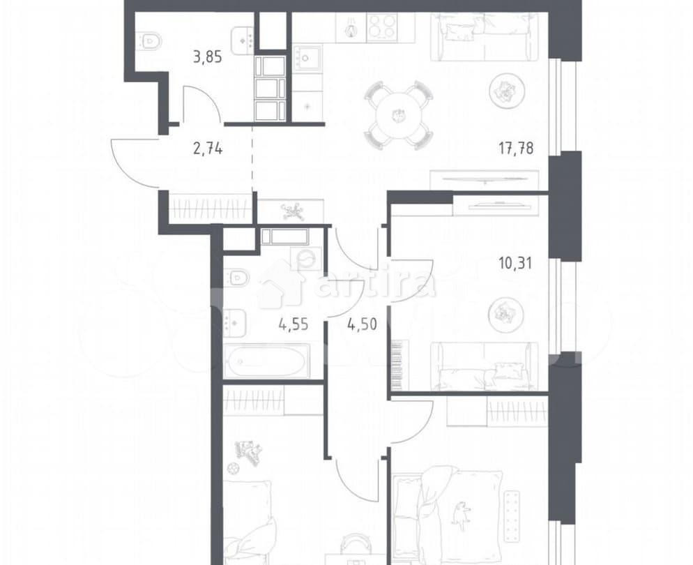 3-комн. апарт-ы, 64.3 м2, 20/23 эт. Москва - изображение 2