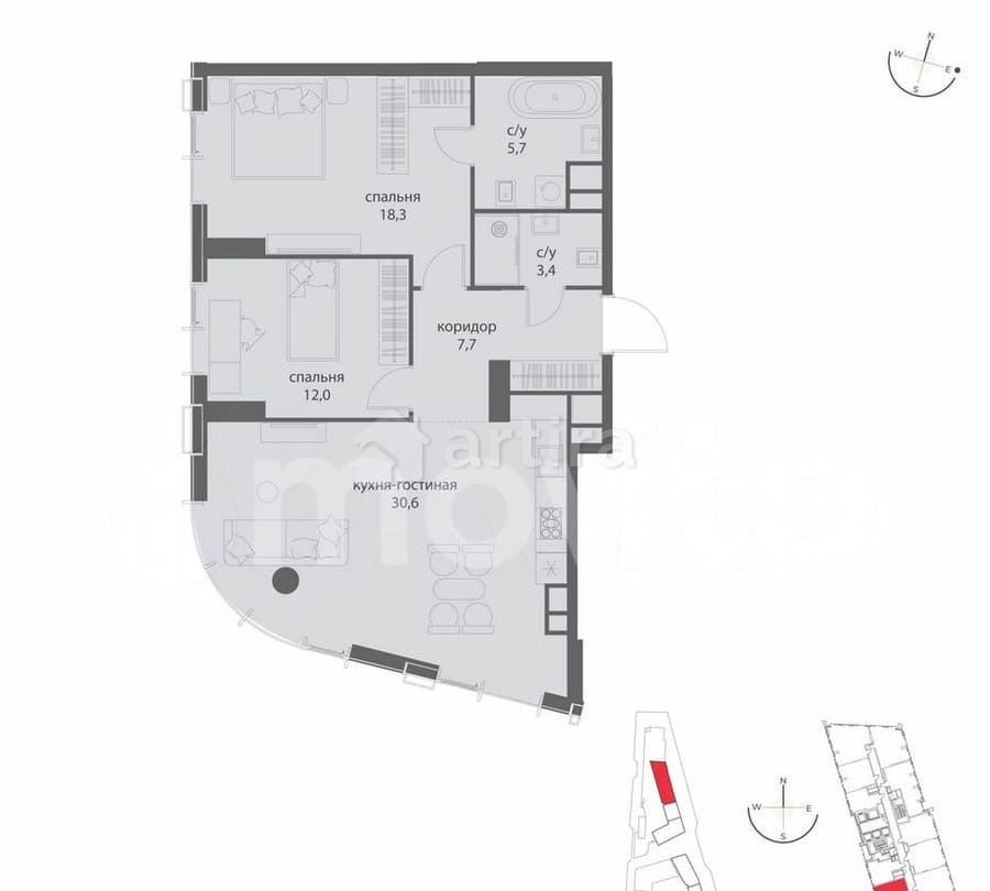2-комн. квартира, 77.7 м2, 13/50 эт. Москва - изображение 3