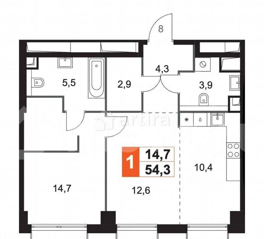 1-комн. квартира, 54.3 м2, 7/43 эт. Москва - изображение 5