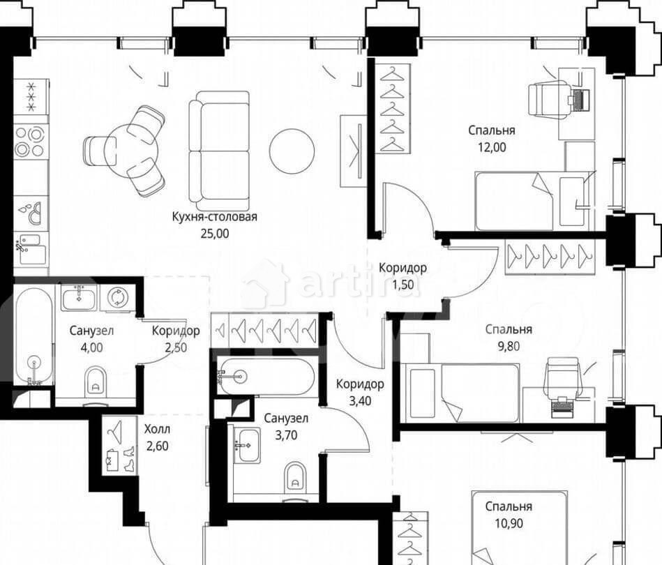 3-комн. квартира, 75.4 м2, 22/45 эт. Москва - изображение 4
