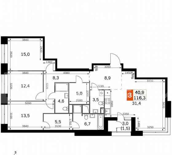 3-комн. квартира, 116.3 м2, 17/42 эт. Москва
