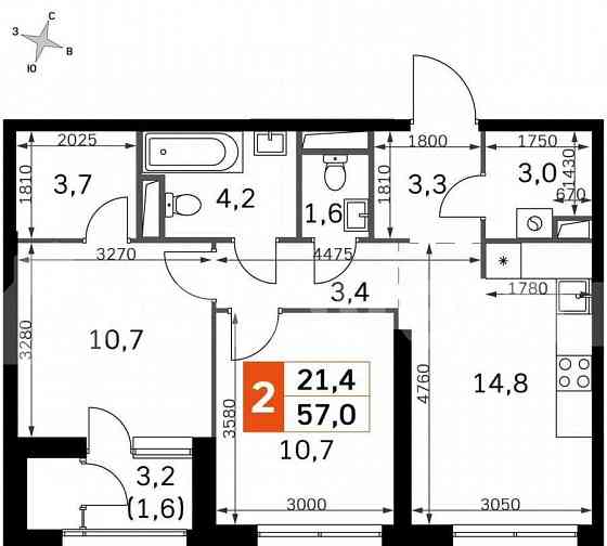 2-комн. квартира, 57 м2, 24/42 эт. Москва