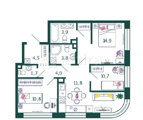 2-комн. квартира, 66.1 м2, 4/17 эт. Москва - изображение 18