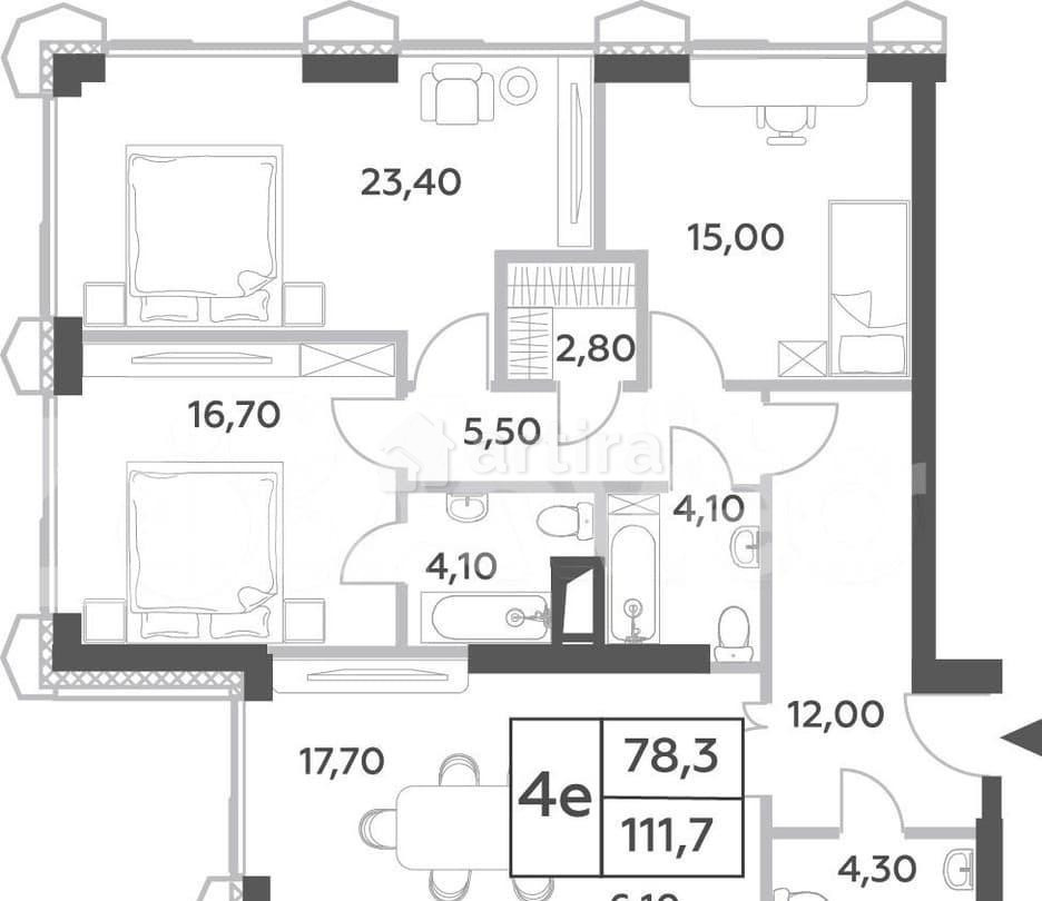 4-комн. пентхаус, 111.7 м2, 17/56 эт. Москва - изображение 2