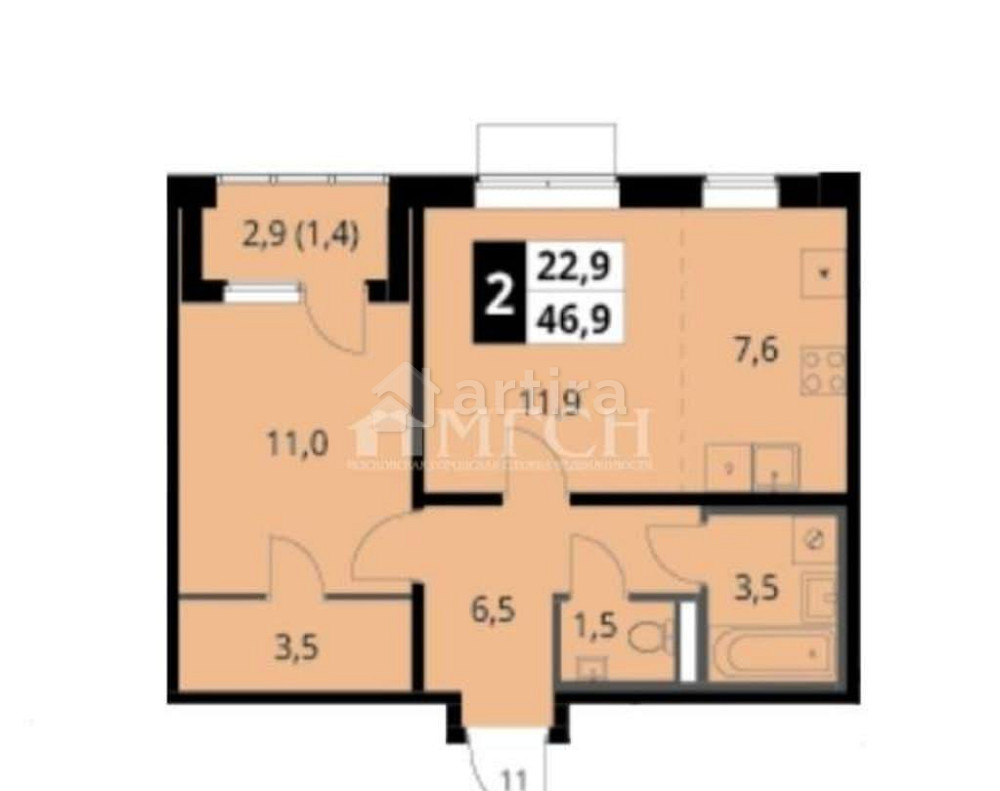 2-комн. квартира, 46.9 м2, 10/18 эт. Москва - изображение 1