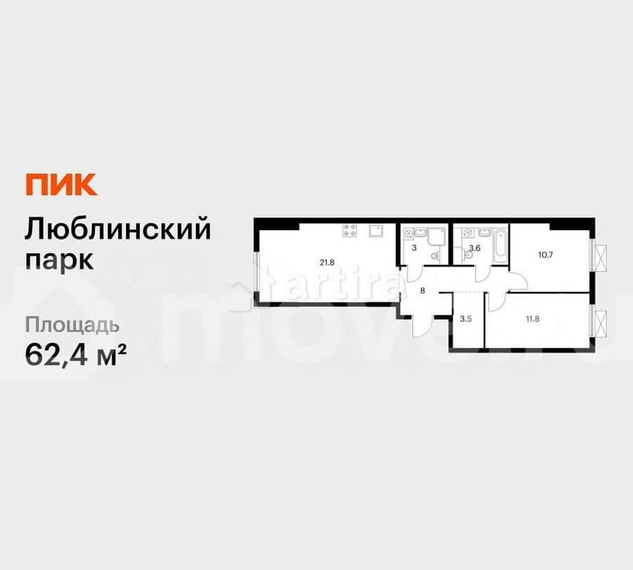 2-комн. квартира, 62.4 м2, 2/25 эт. Москва - изображение 1
