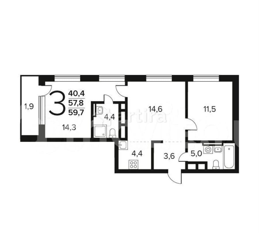 3-комн. квартира, 59.7 м2, 3/11 эт. Москва - изображение 1
