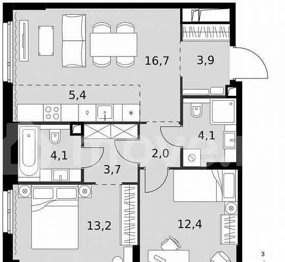 3-комн. квартира, 65.5 м2, 13/27 эт. Москва