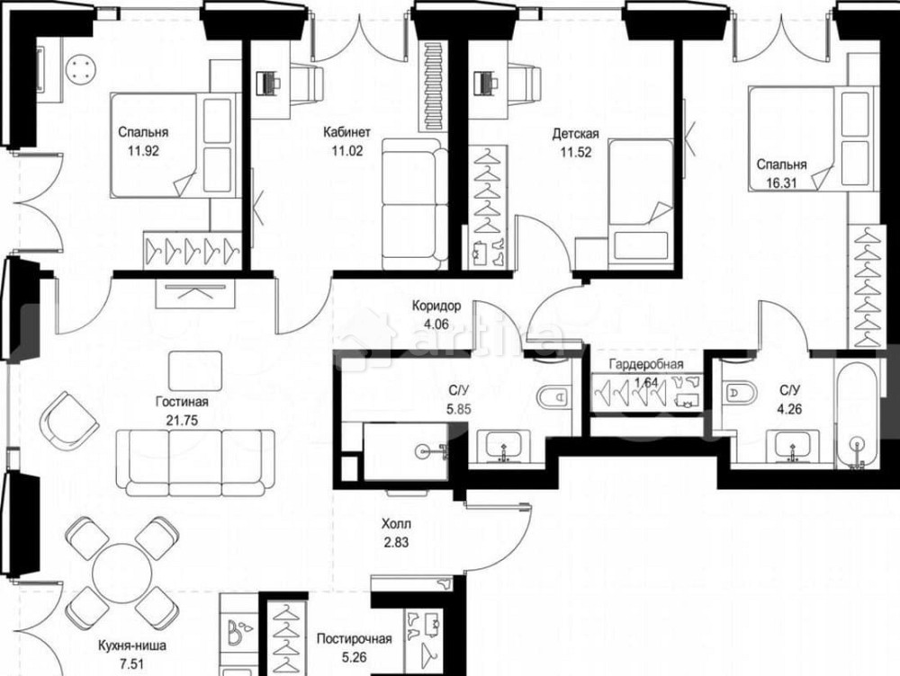 4-комн. квартира, 103.9 м2, 4/52 эт. Москва - изображение 5