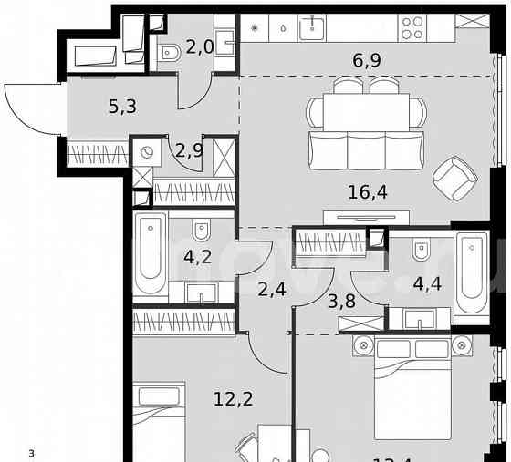 3-комн. квартира, 73.9 м2, 28/42 эт. Москва