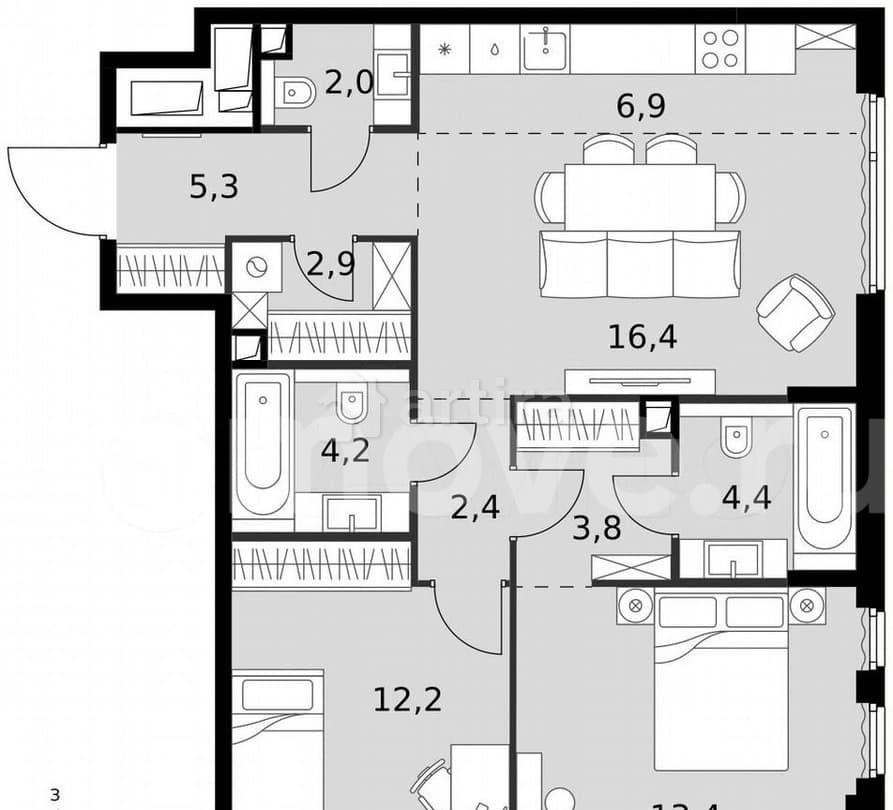 3-комн. квартира, 73.9 м2, 28/42 эт. Москва - изображение 4