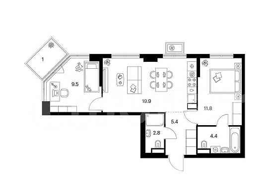 2-комн. квартира, 54.8 м2, 15/23 эт. Москва