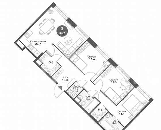 3-комн. квартира, 86 м2, 13/18 эт. Москва