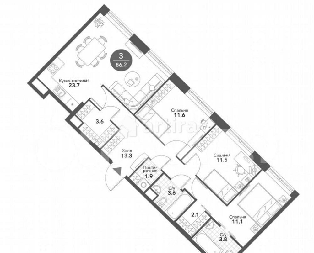 3-комн. квартира, 86 м2, 13/18 эт. Москва - изображение 3