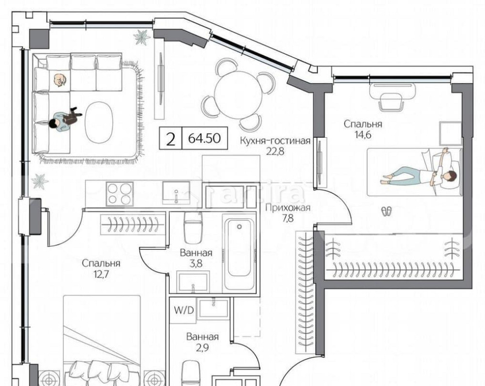 2-комн. квартира, 64.5 м2, 11/24 эт. Москва - изображение 1