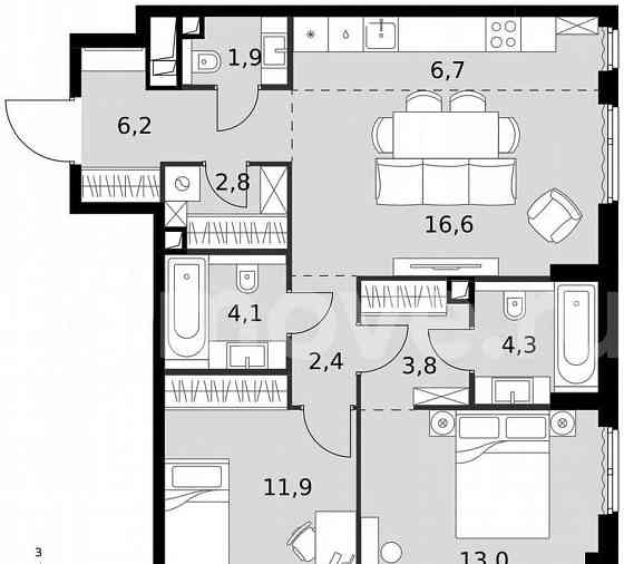 3-комн. квартира, 73.7 м2, 9/42 эт. Москва