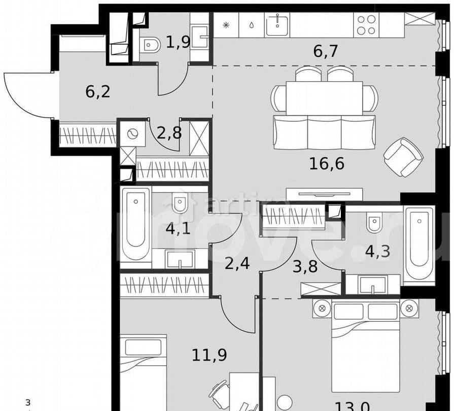 3-комн. квартира, 73.7 м2, 9/42 эт. Москва - изображение 4